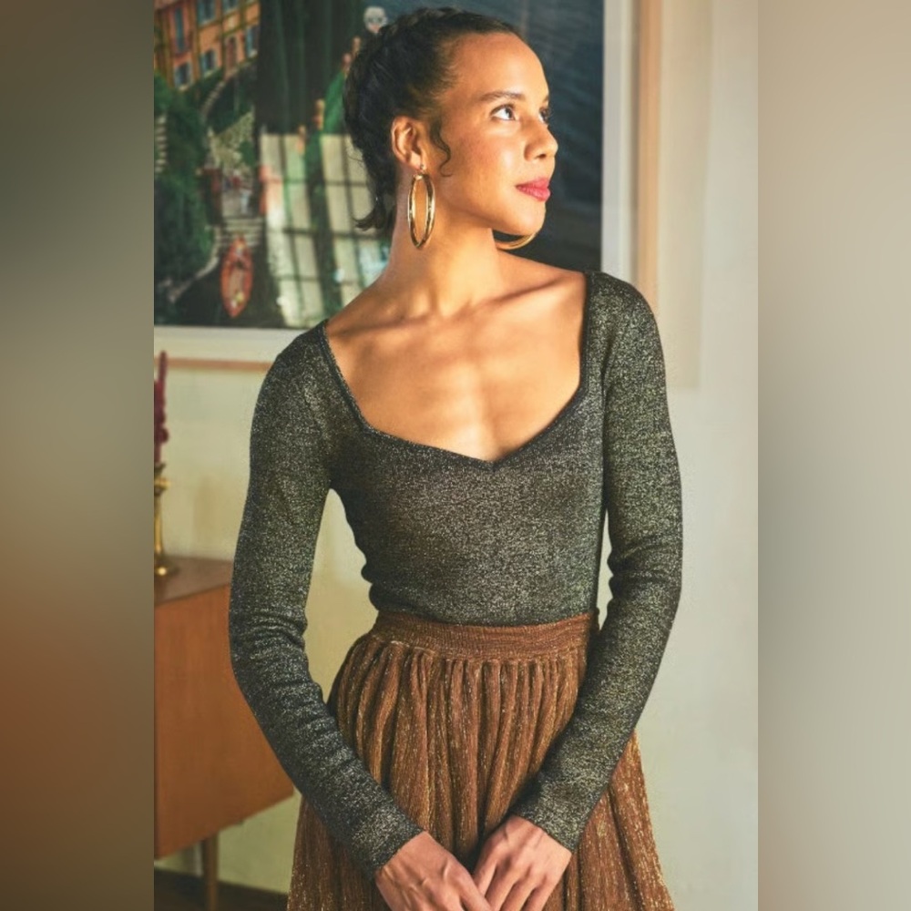 NWT Anthropologie The Odells Black & Gold Metallic Tori Bodysuit